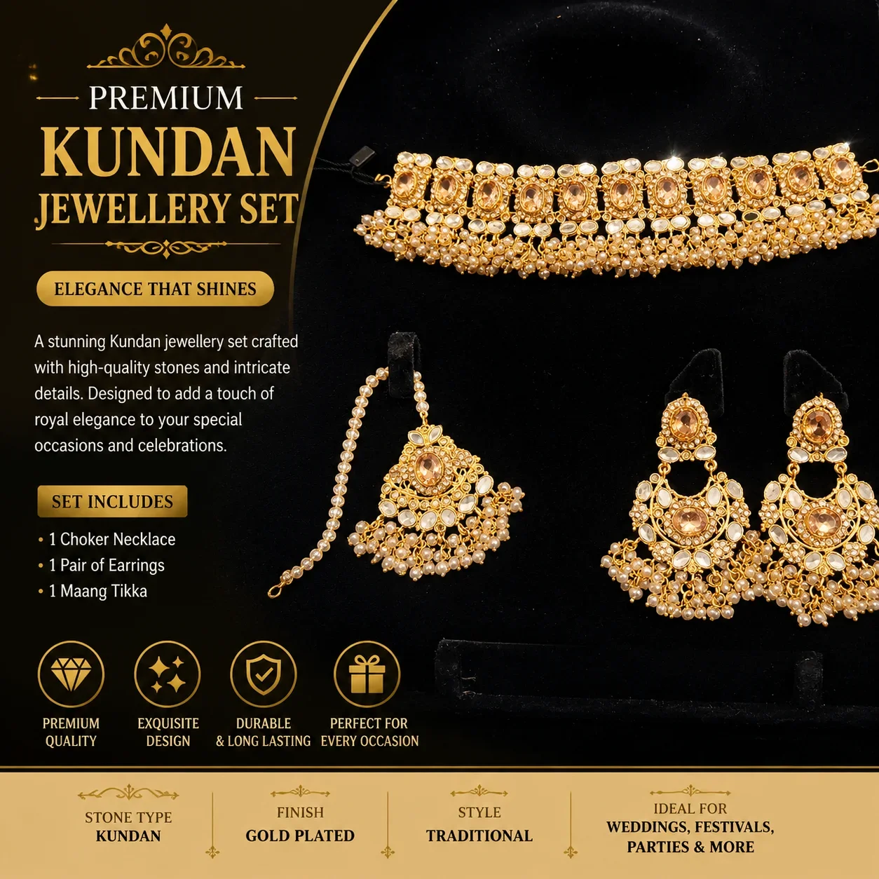 Exquisite Gold Kundan Choker Set with Earrings & Maang Tikka