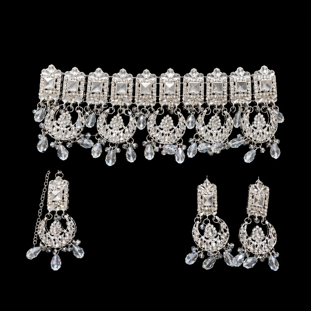 Elegant Silver Choker Set with Crystal Accents and Dangling Teardrop Beads