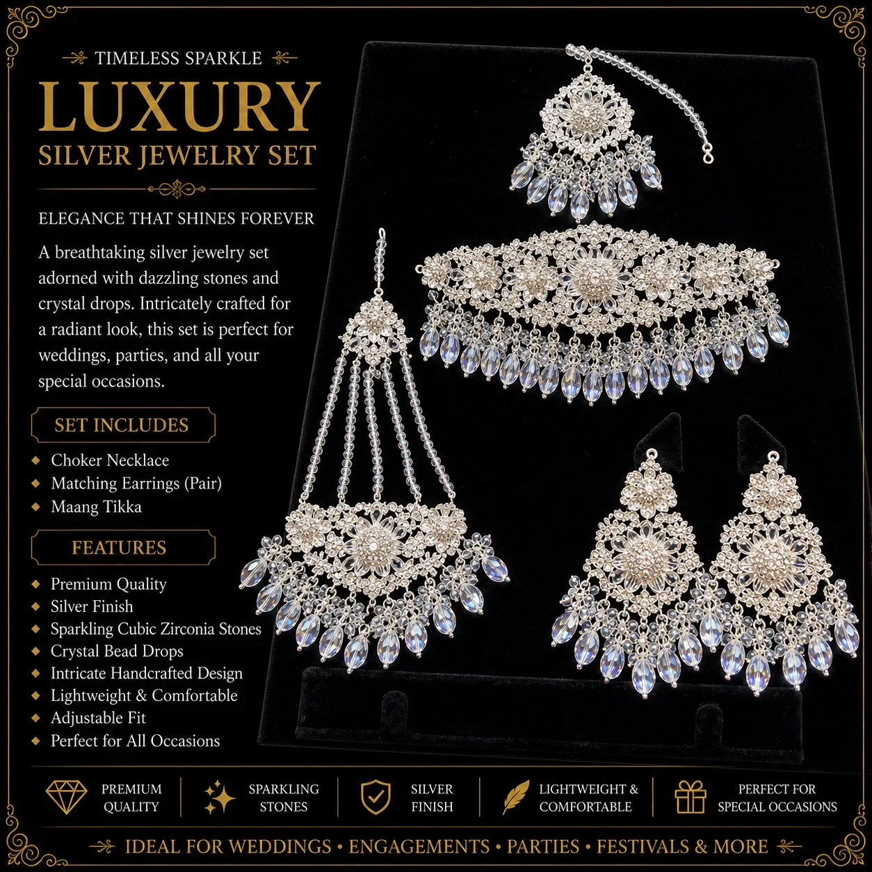 Silver-Pink Bridal Jewelry Set with Floral Headpiece, Chandelier Earrings, and Jhumar