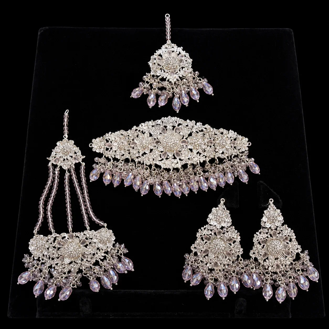 Silver-Pink Bridal Jewelry Set with Floral Headpiece, Chandelier Earrings, and Jhumar
