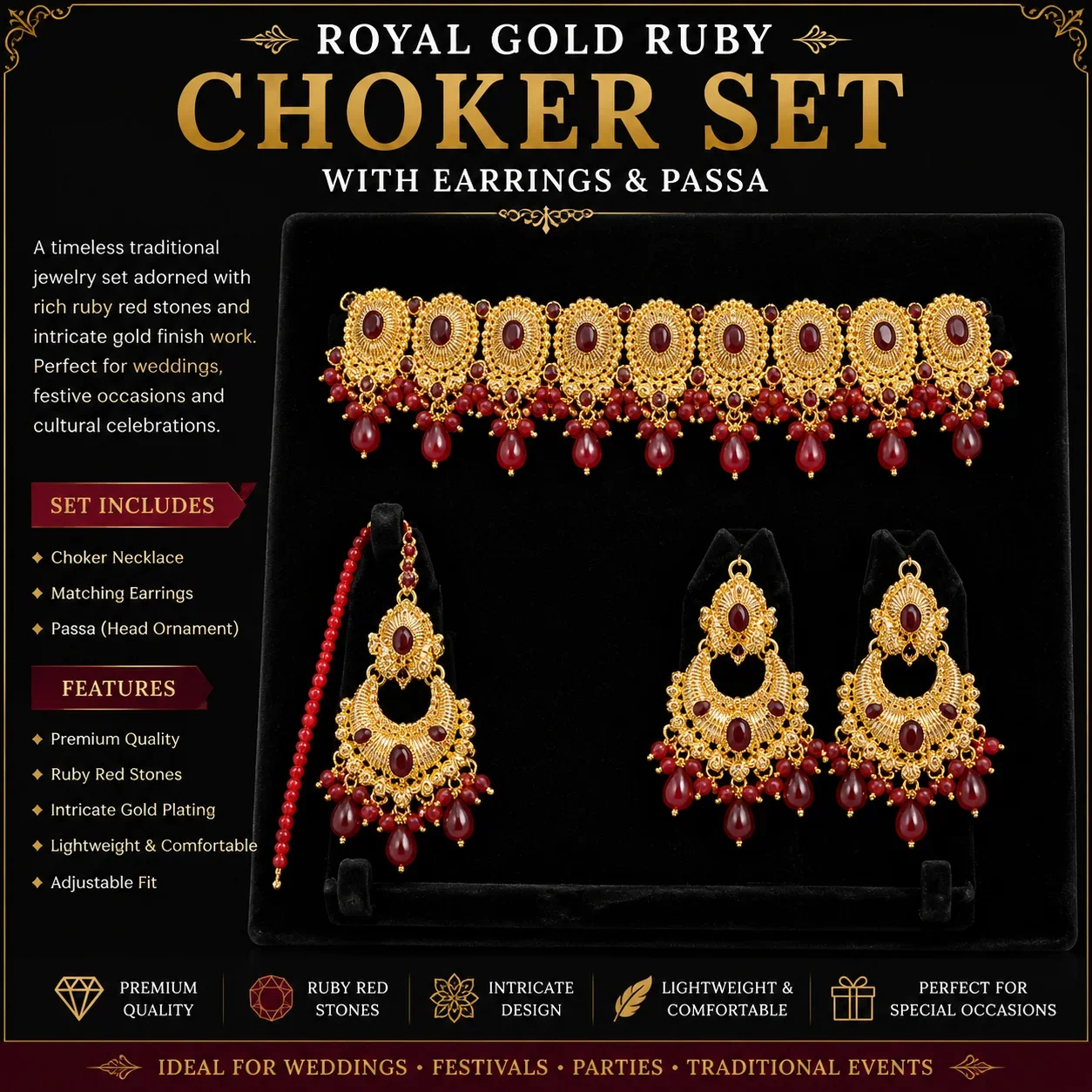 Royal Gold Ruby Choker Set with Matching Earrings & Passa