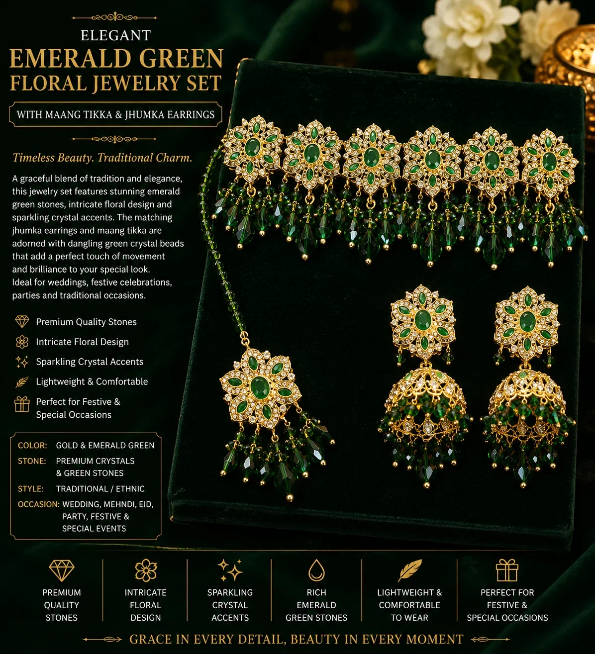 Luxury Gold OR GREEN Crystal Floral Choker Set with Jhumka Earrings & Passa