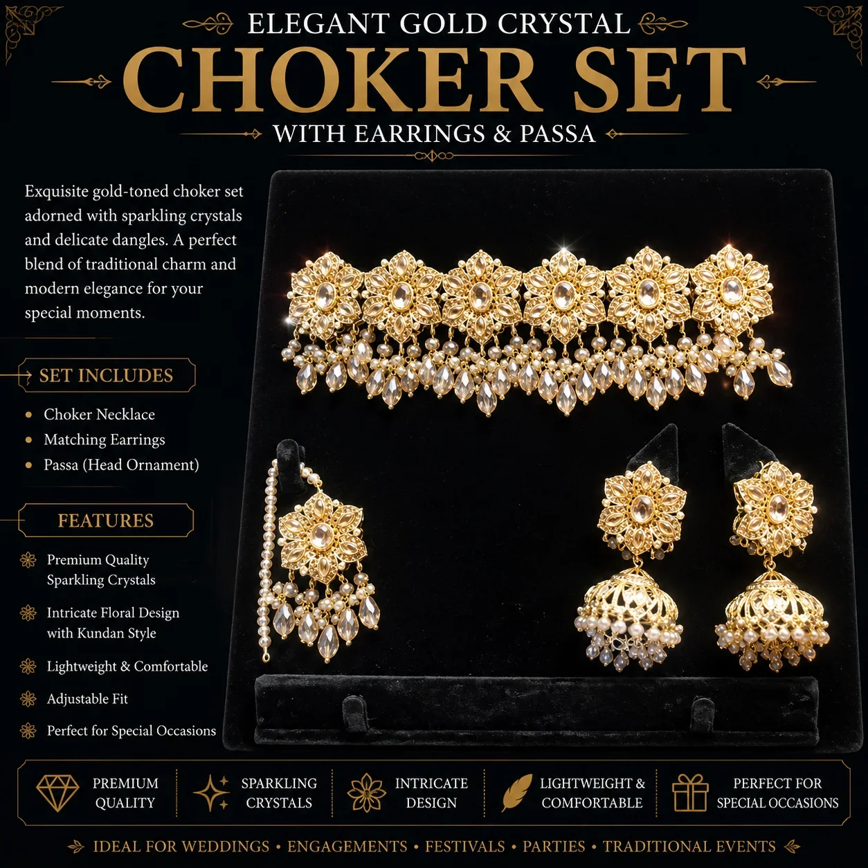 Luxury Gold OR GREEN Crystal Floral Choker Set with Jhumka Earrings & Passa