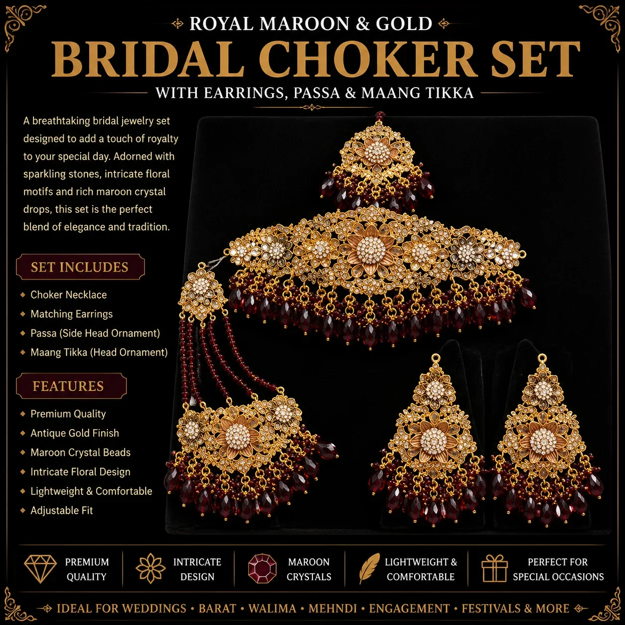 Royal Maroon & Gold Bridal Choker Set with Earrings, Passa & Maang Tikka