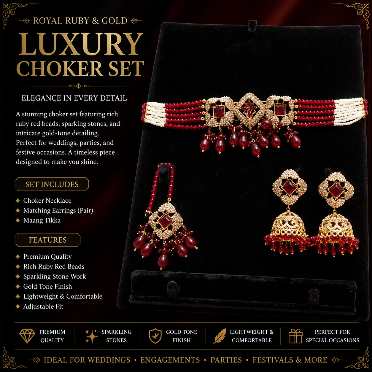 Elegant Red and White Beaded Bridal Jewelry Set – Choker, Earrings & Maang Tikka