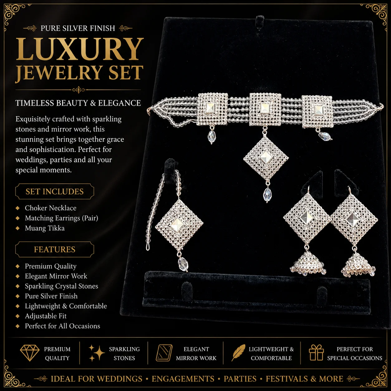 Luxury Silver Mirror Work Choker Set with Jhumka Earrings & Maang Tikka