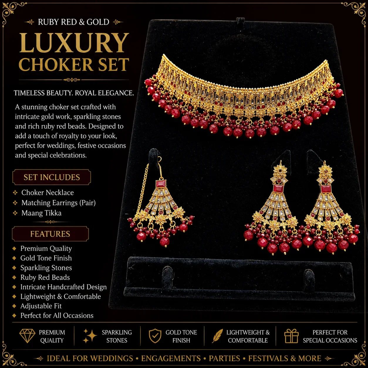 Emerald Green & Gold Luxury Choker Set with Jhumka Earrings and Maang Tikka
