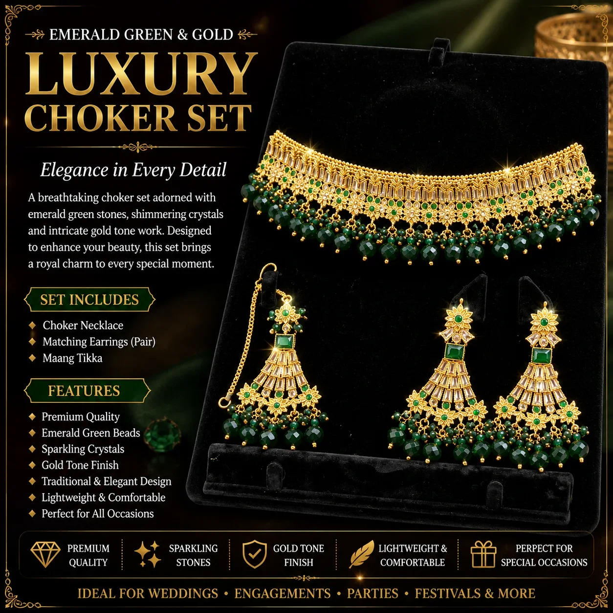 Emerald Green & Gold Luxury Choker Set with Jhumka Earrings and Maang Tikka