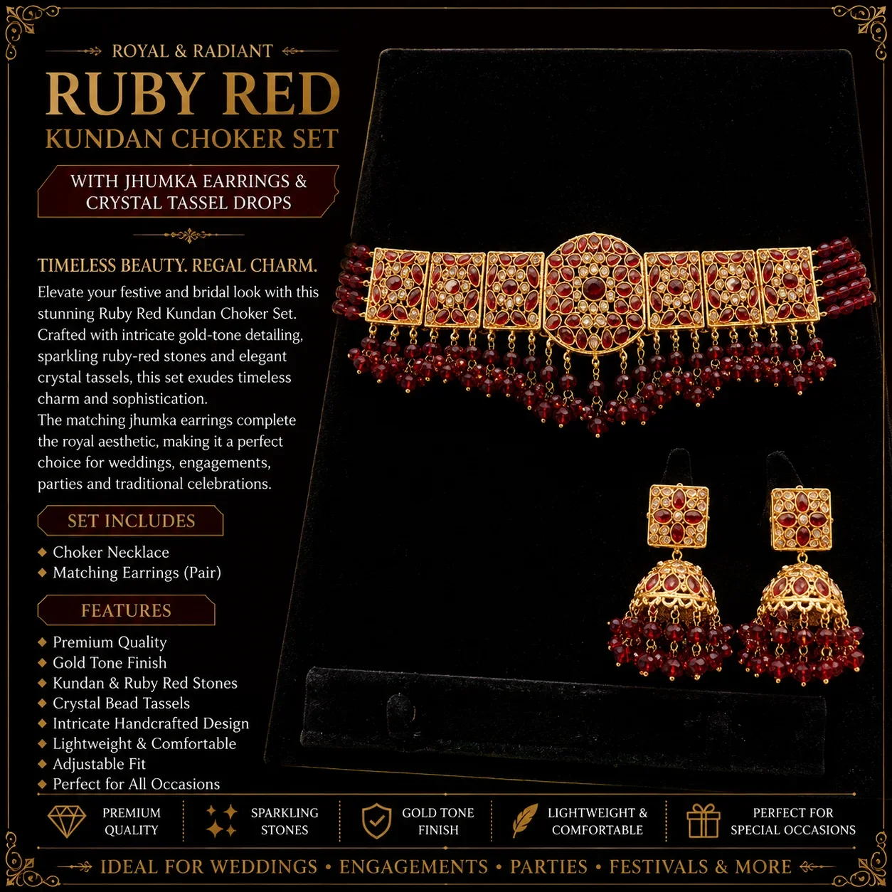 Ruby Red Kundan Choker Set with Jhumka Earrings & Crystal Tassels