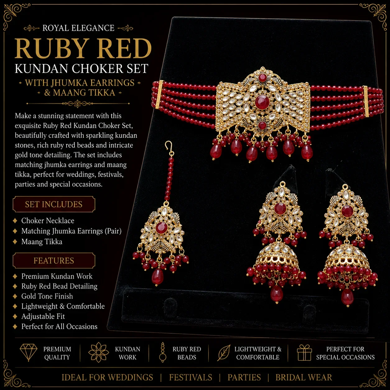 Ruby Red Kundan Choker Set with Jhumka Earrings & Maang Tikka