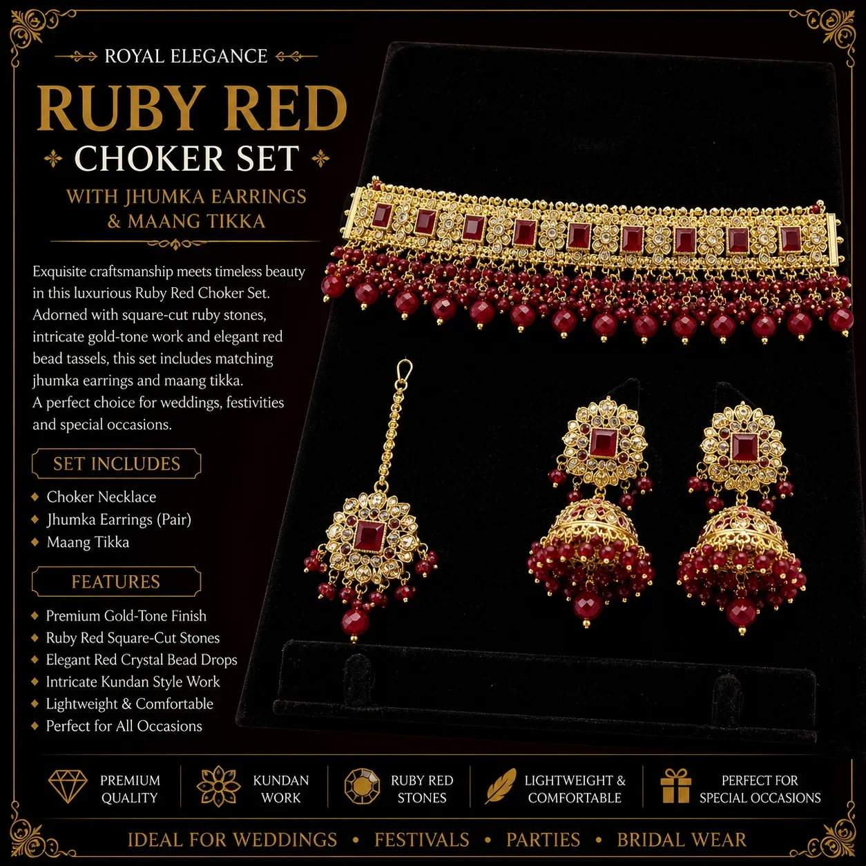 Luxury Ruby Red Choker Set with Jhumka Earrings & Maang Tikka