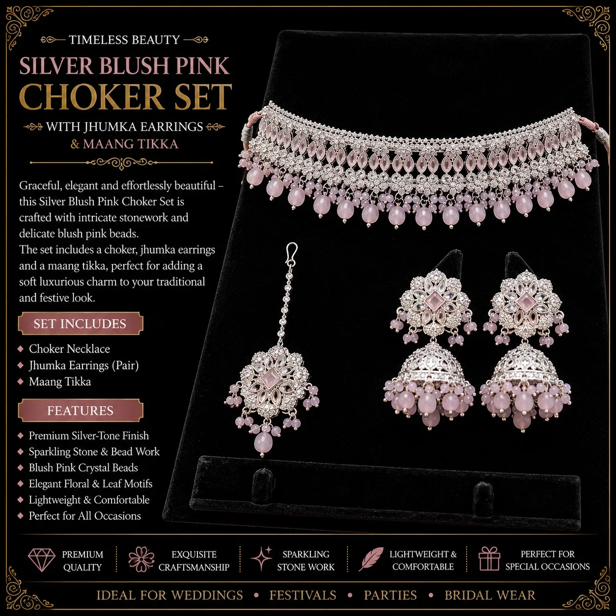 Elegant Silver Blush Pink Choker Set with Jhumka Earrings & Maang Tikka