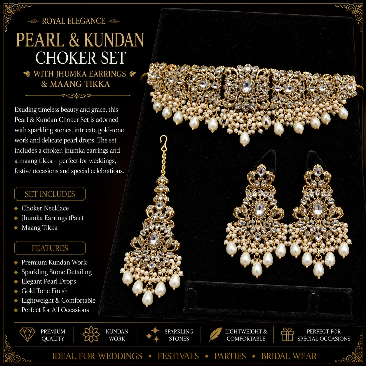 Elegant Gold and White Pearl Choker Set