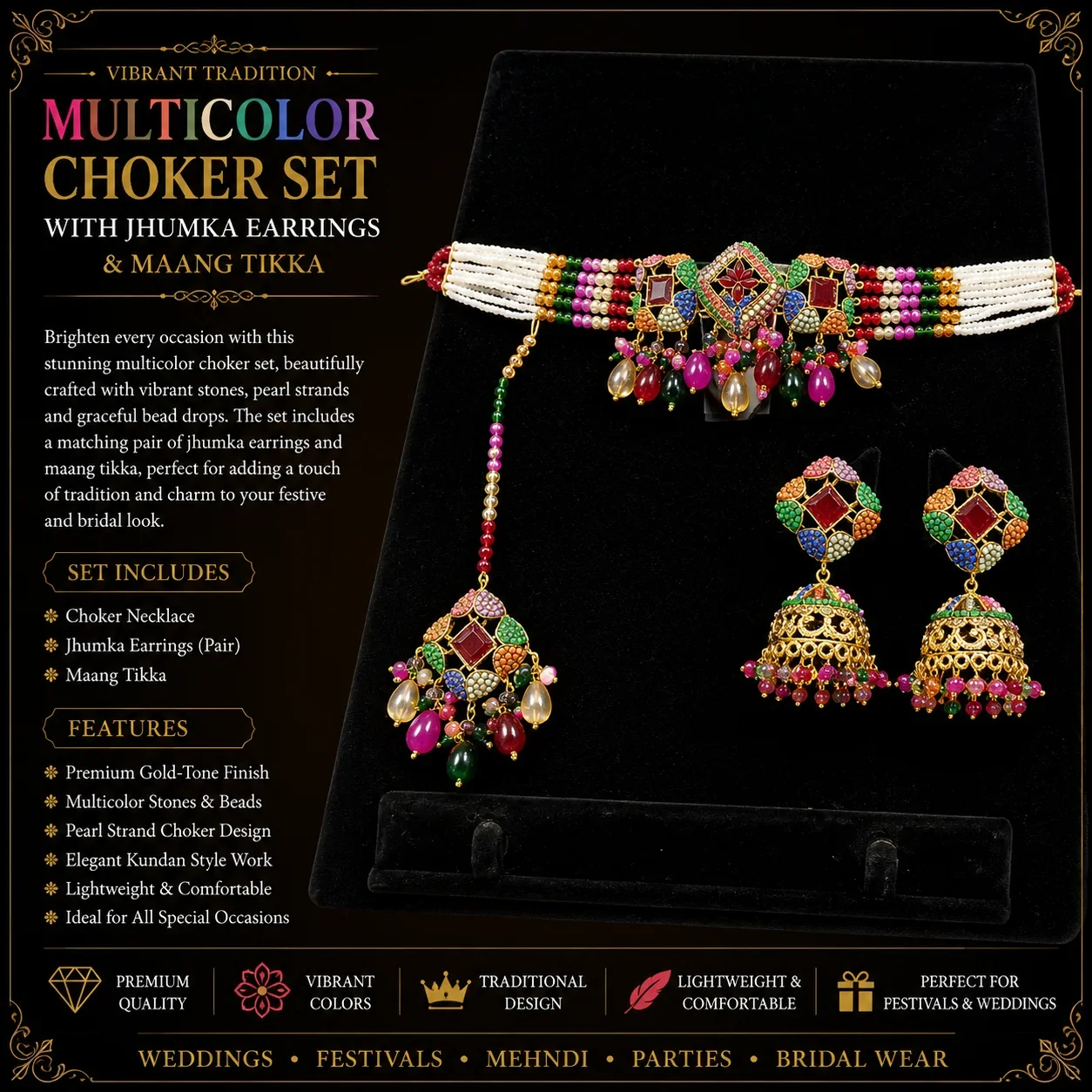 Multicolor Traditional Choker Set with Jhumka Earrings & Maang Tikka
