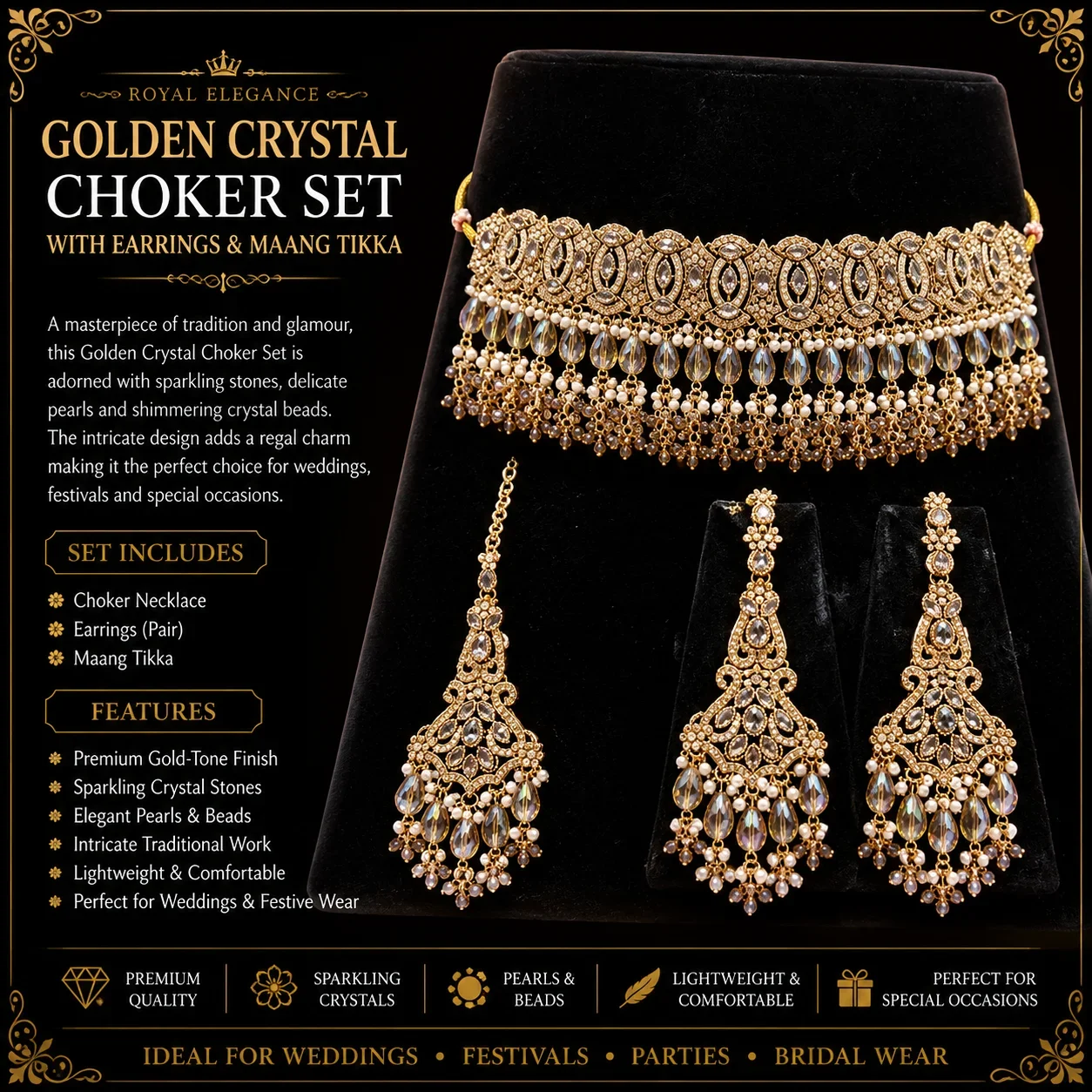 Elegant Gold Bridal Necklace Set with Hanging Crystals
