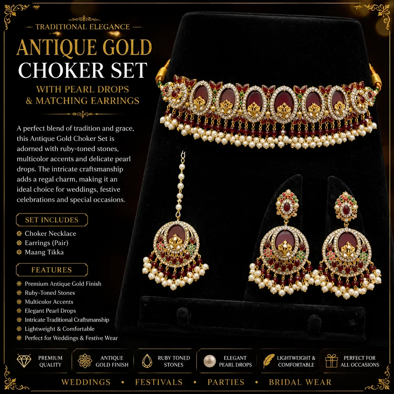 Traditional Antique Gold Choker Set with Pearl Drops & Matching Earrings