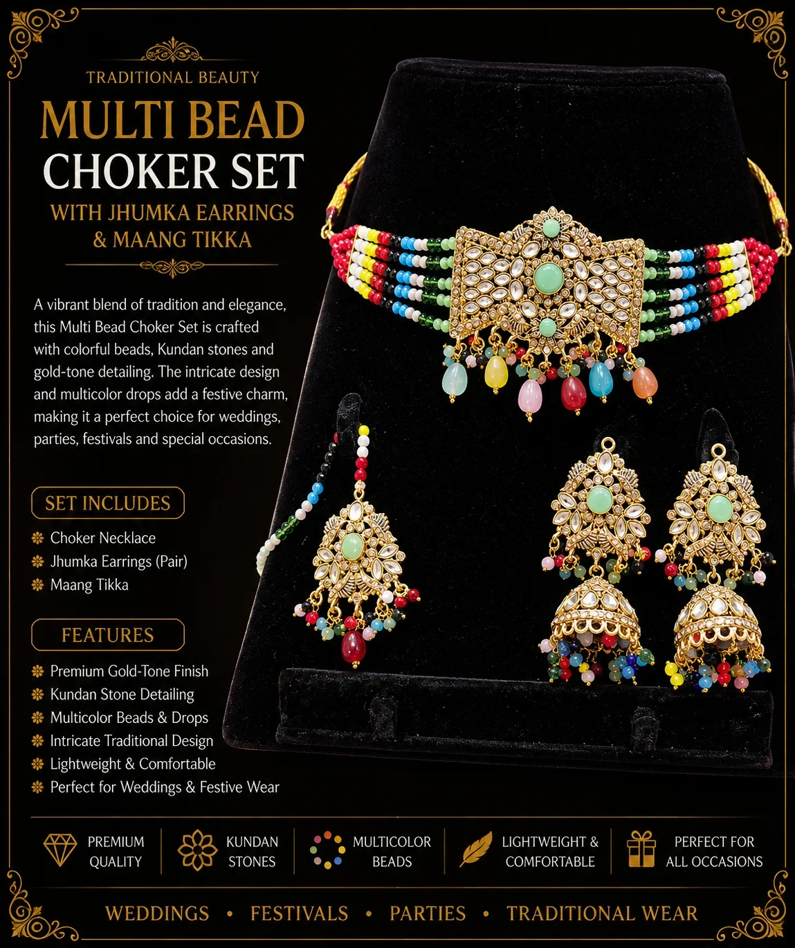 Multicolor Kundan Choker Set with Jhumka Earrings & Maang Tikka