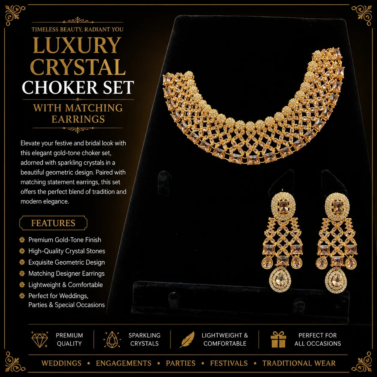 Luxury Gold-Tone Crystal Choker Set with Matching Earrings