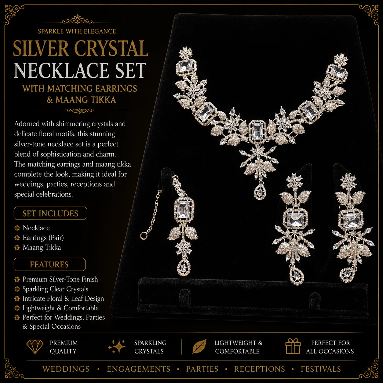Luxury Silver Crystal Floral Jewelry Set with Matching Earrings & Maang Tikka