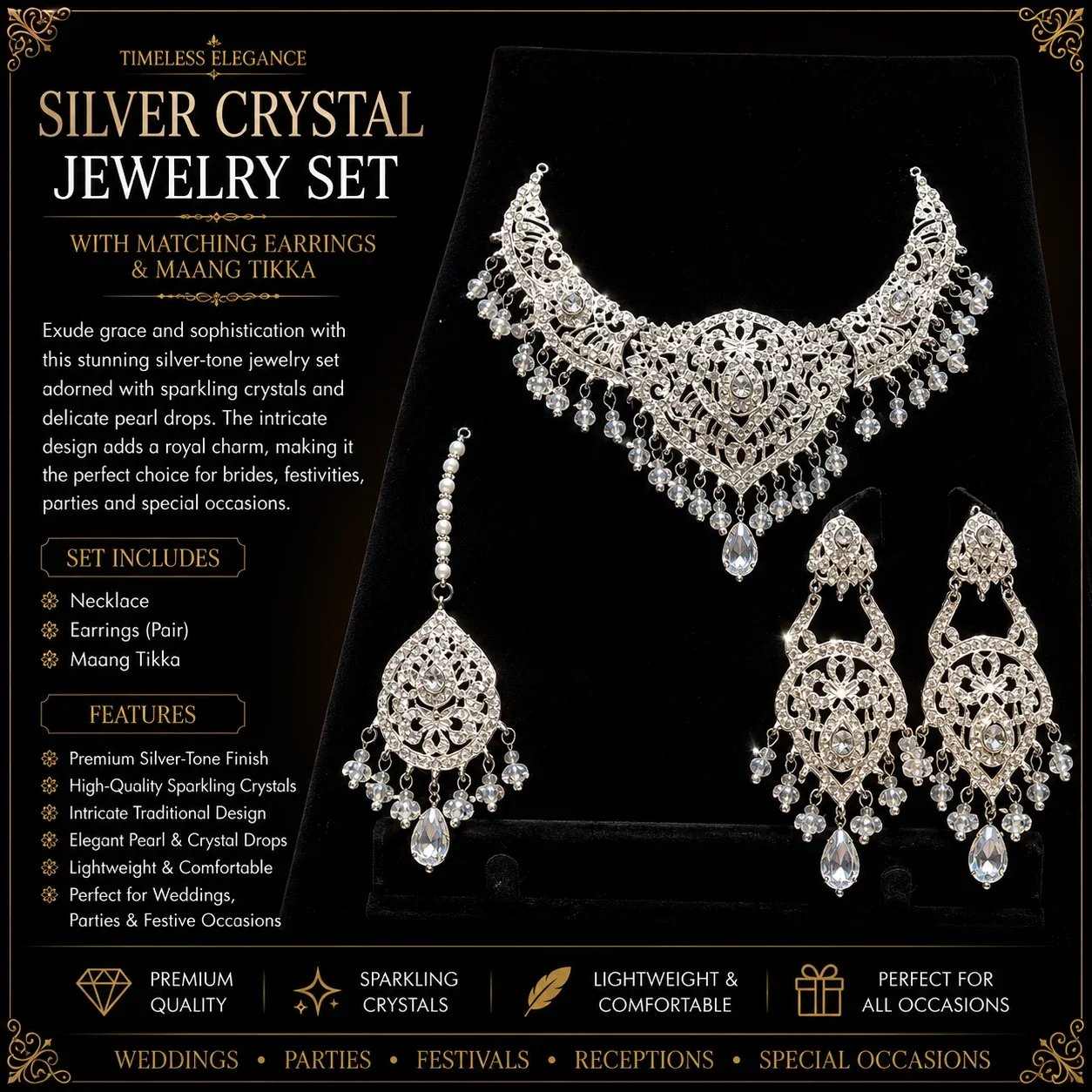Elegant Silver Bridal Necklace Set with Intricate Detailing