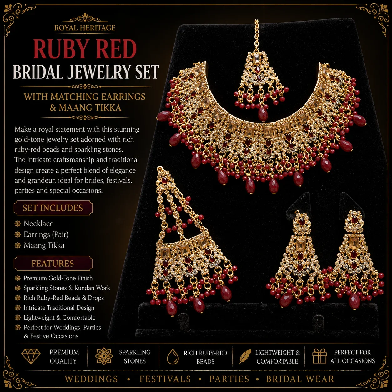 Royal Ruby Red Bridal Choker Set with Earrings & Maang Tikka