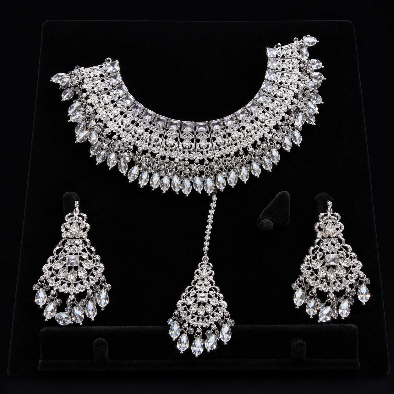 Elegant Bridal Silver Necklace Set with Crystal Detailing