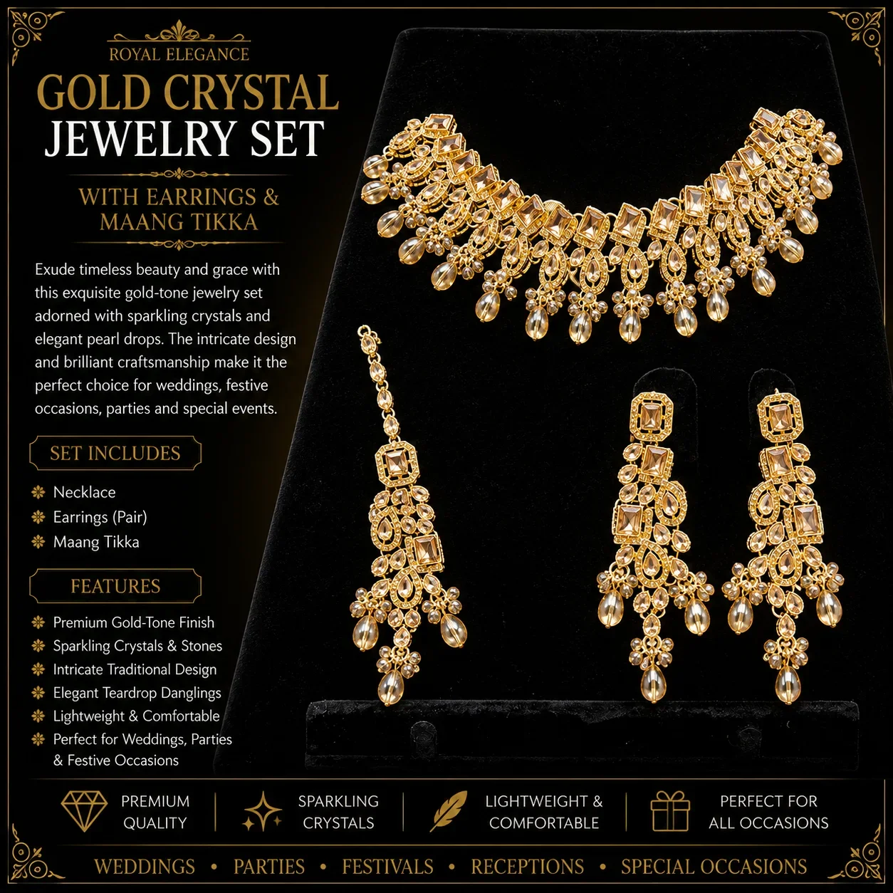 Royal Gold Crystal Choker Set with Earrings & Maang Tikka