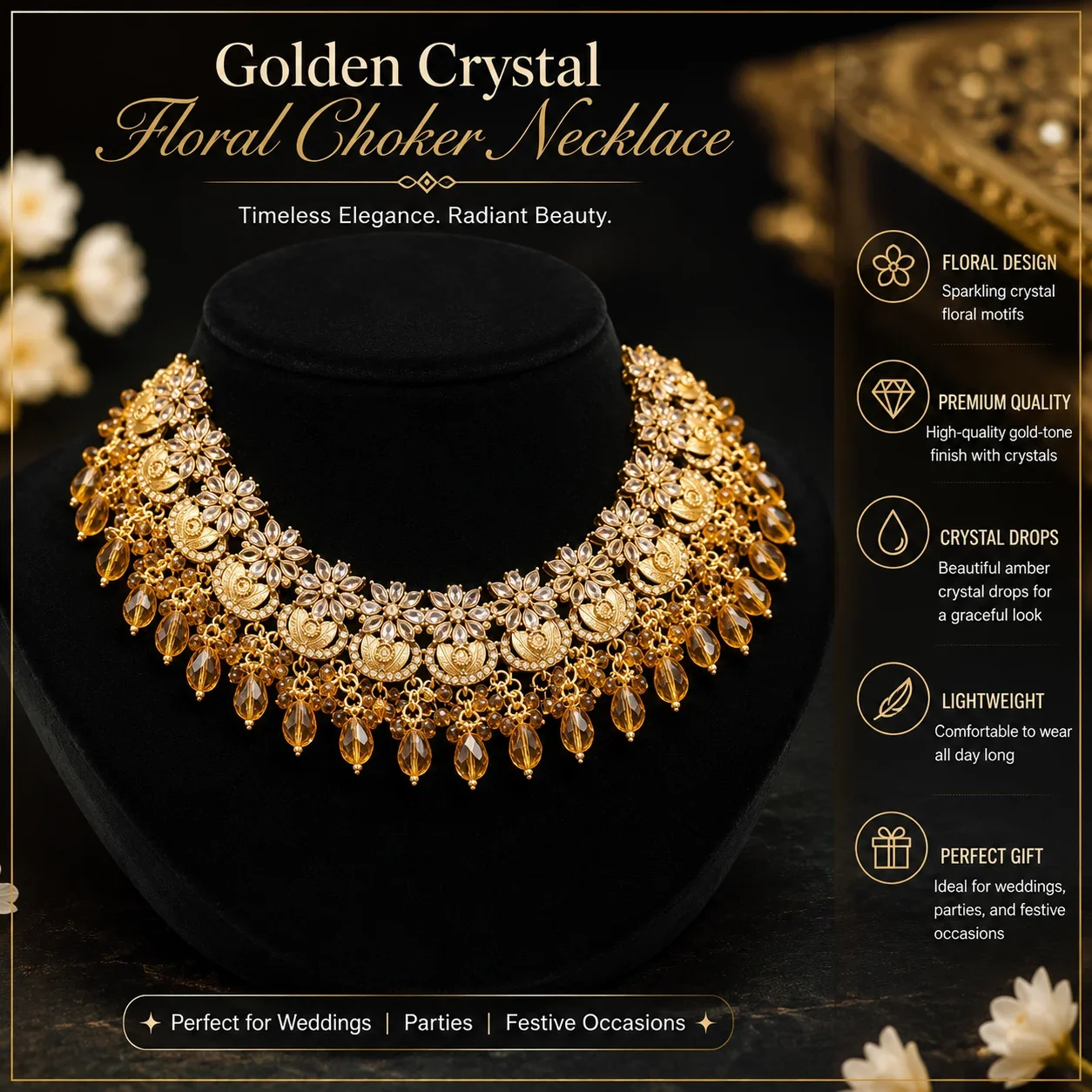 Golden Crystal Floral Choker Necklace