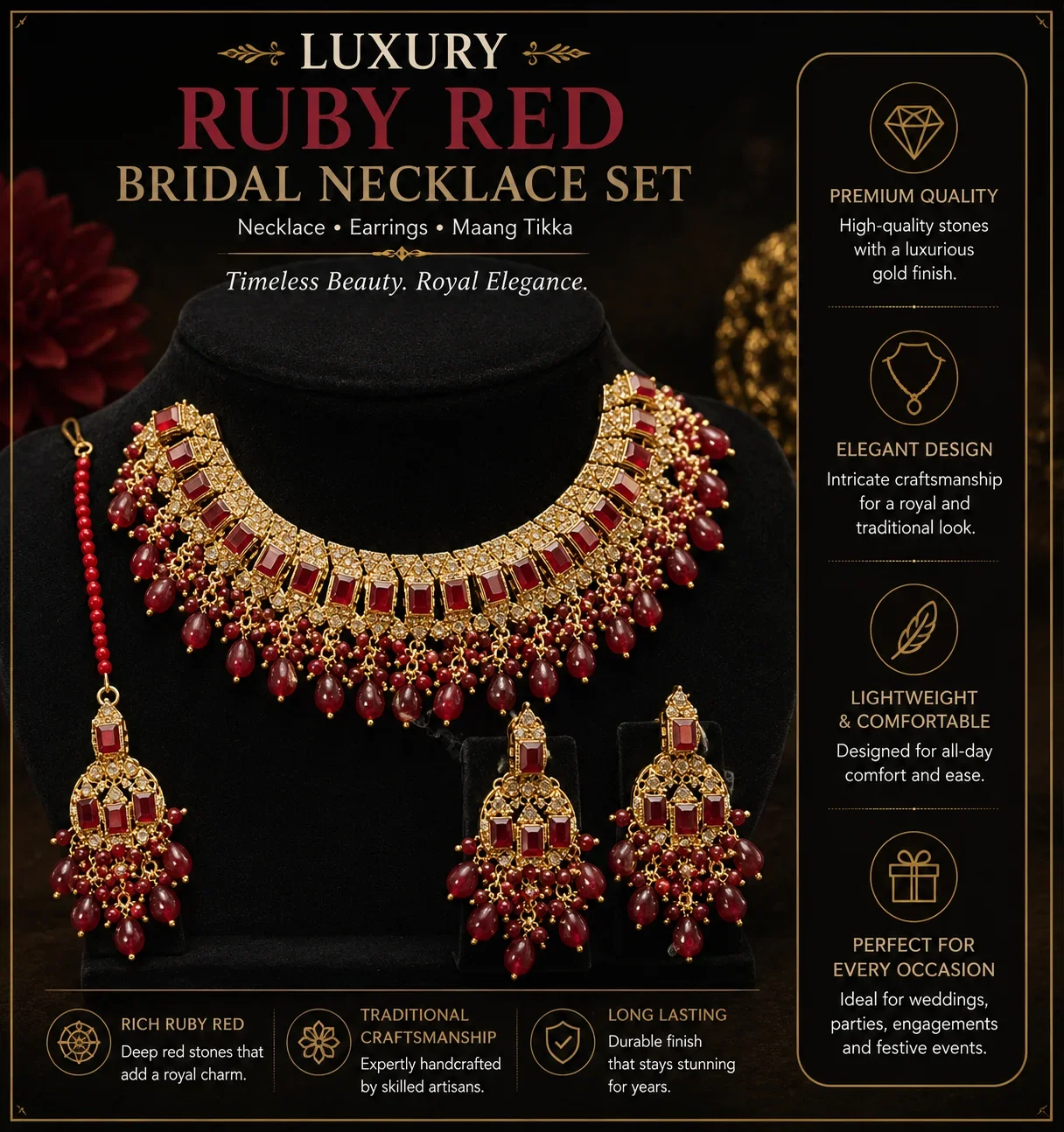 Ruby Red Crystal Bridal NECKLACE Set