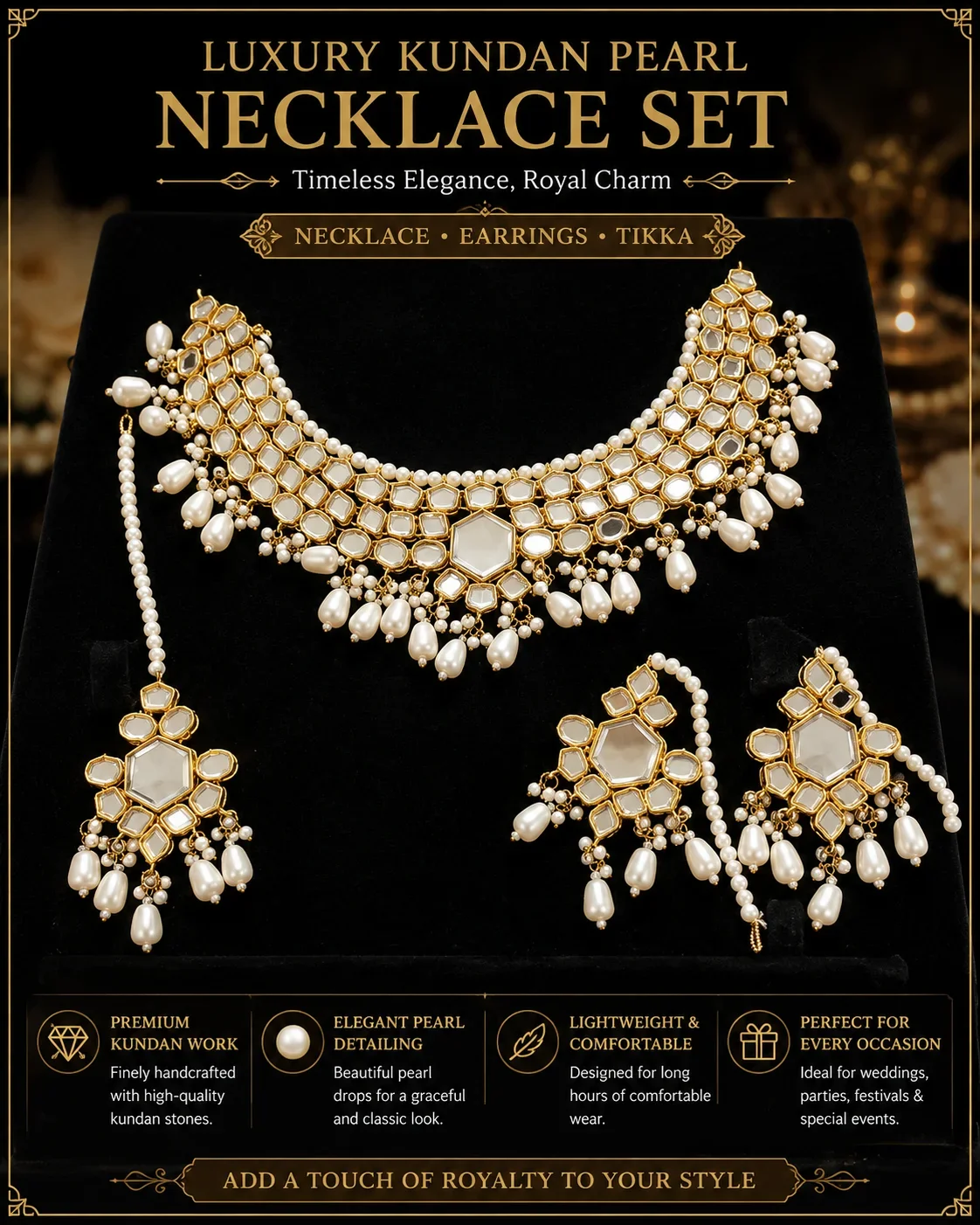 Luxury Kundan Pearl Necklace Set with Earrings & Maang Tikka