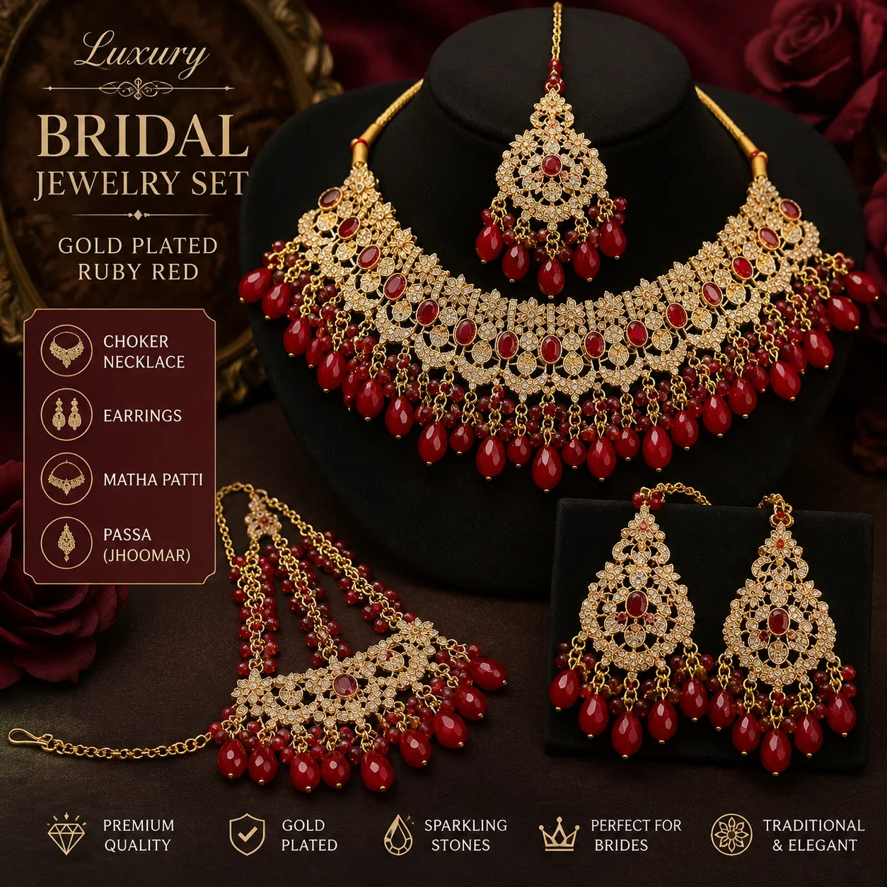 Royal Ruby Red Bridal Jewelry Set – Gold Plated Choker with Earrings, Matha Patti & Passa