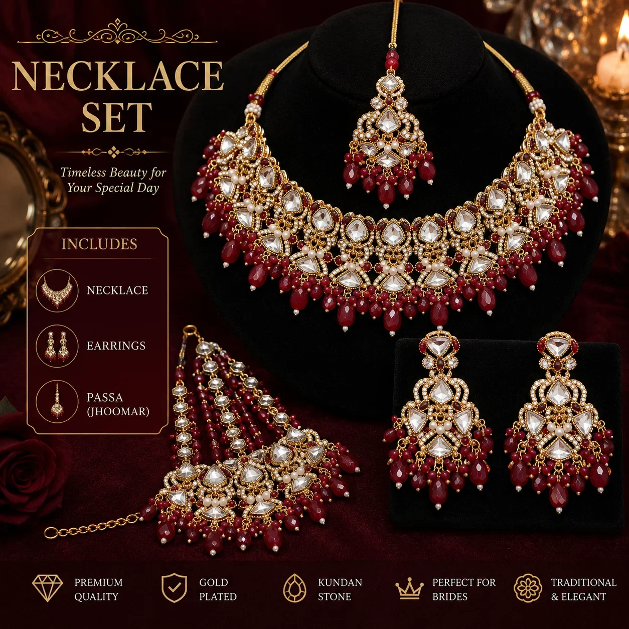 Royal Maroon Necklace Set – Gold Plated Kundan Bridal Jewelry with Earrings & Passa