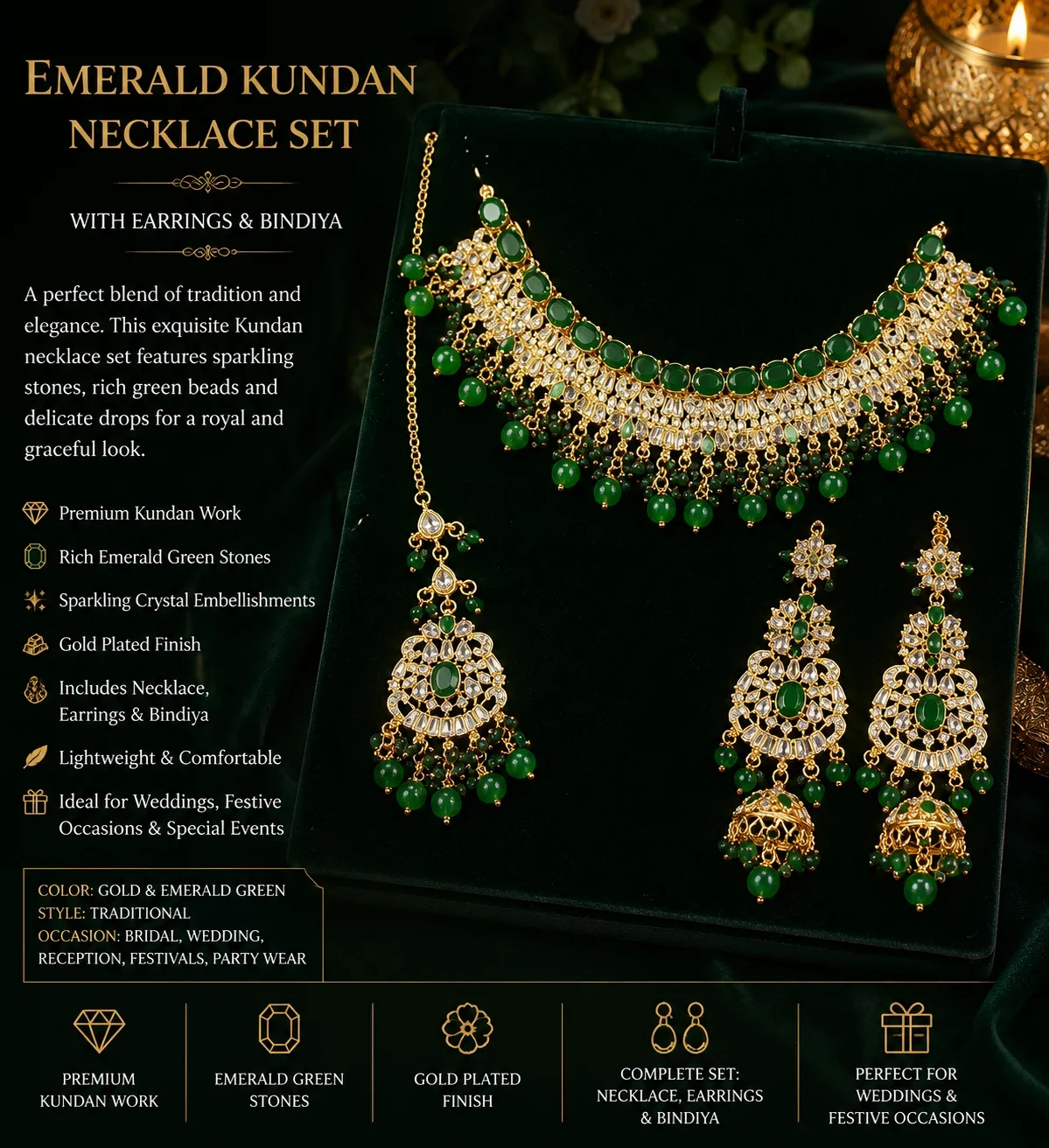 Elegant Green and Gold Bridal Jewelry Set