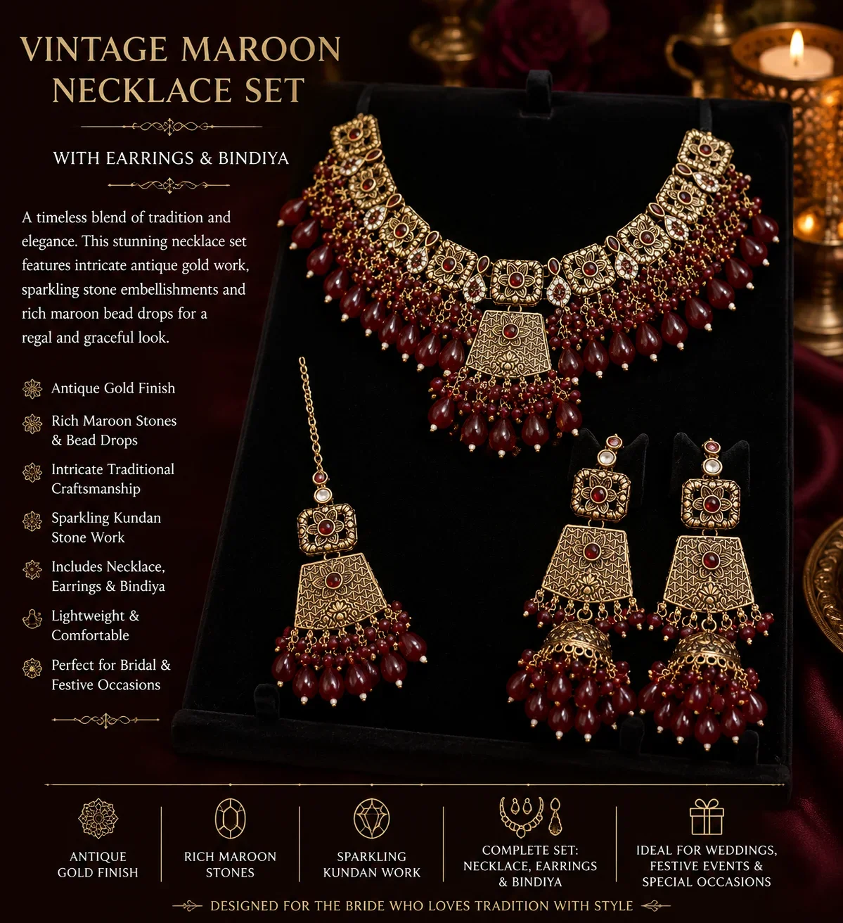 Vintage Maroon Necklace Set – Antique Gold Bridal Jewelry with Earrings & Bindiya