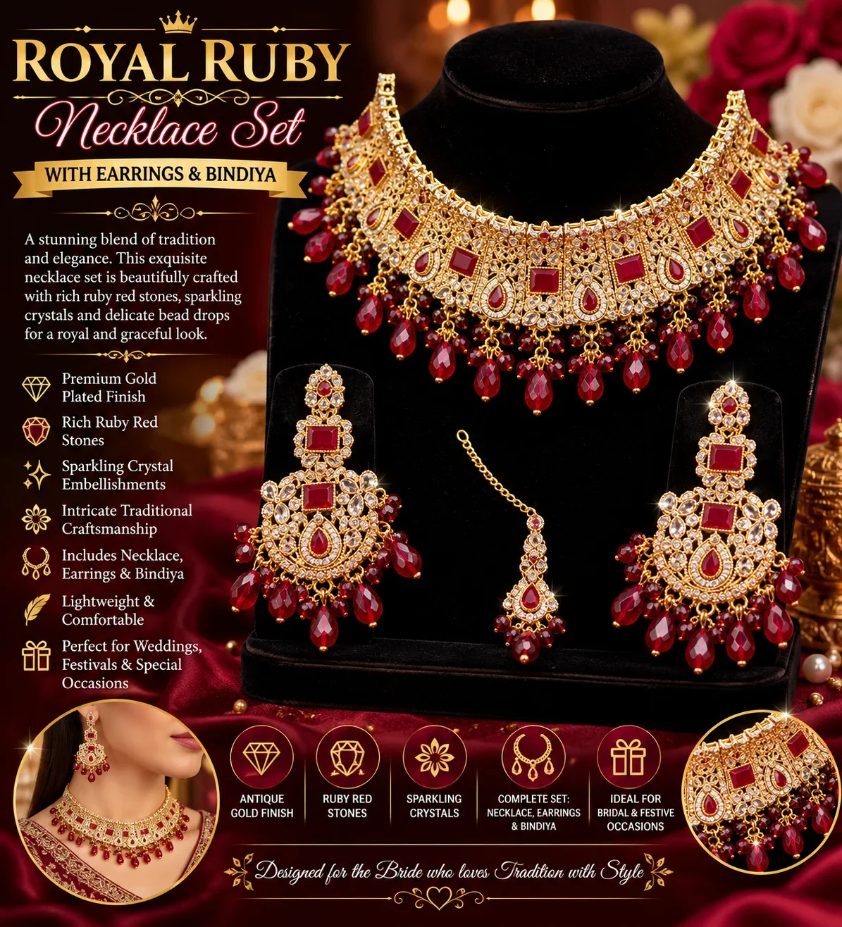 Royal Ruby Red Necklace Set – Gold Plated Bridal Jewelry with Earrings & Bindiya