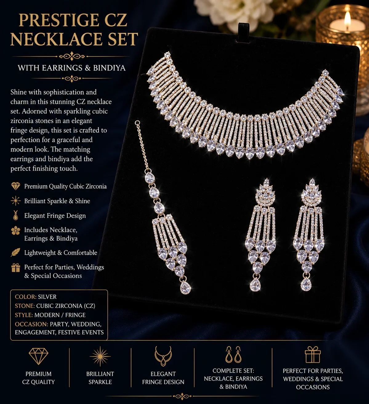 Luxury CZ Necklace Set – Silver Tone Bridal Jewelry with Earrings & Bindiya