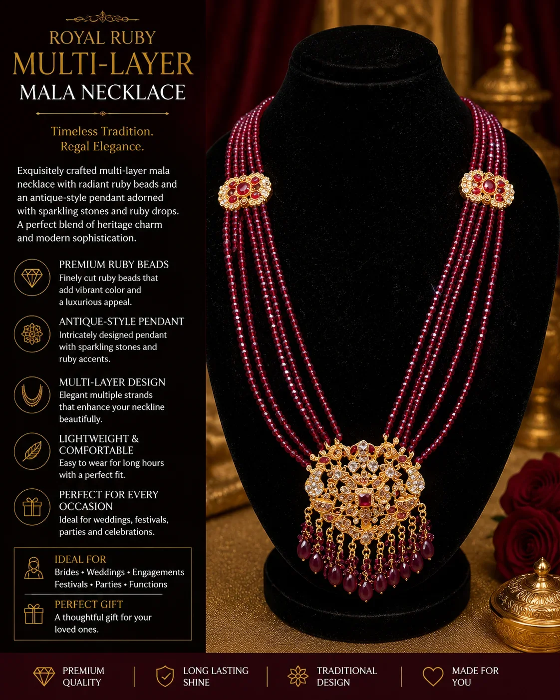 Royal Maroon Kundan Necklace Set – Gold Plated Bridal Jewelry with Earrings & Bindiya