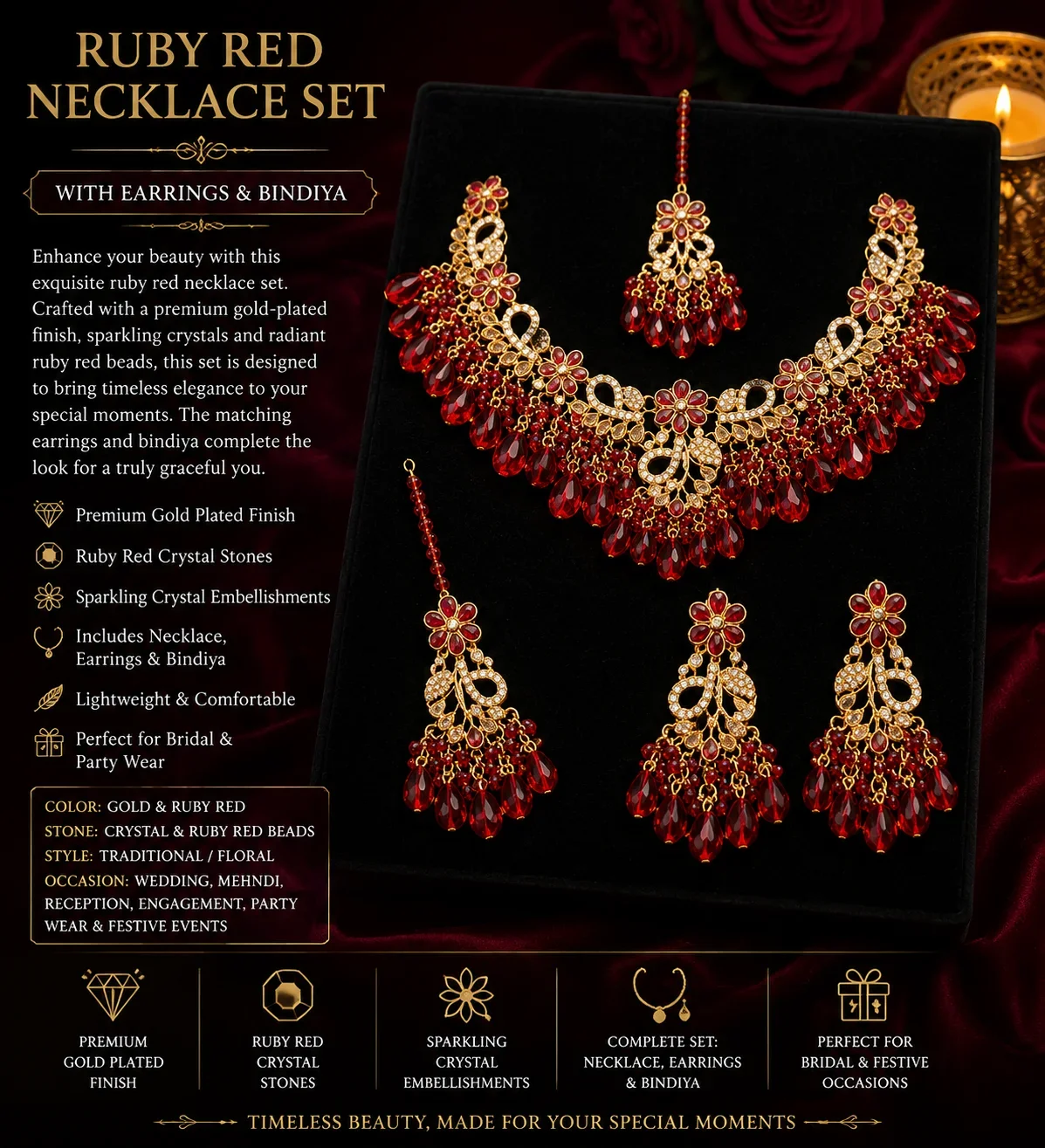 Ruby Red Necklace Set – Gold Plated Bridal Jewelry with Earrings & Bindiya