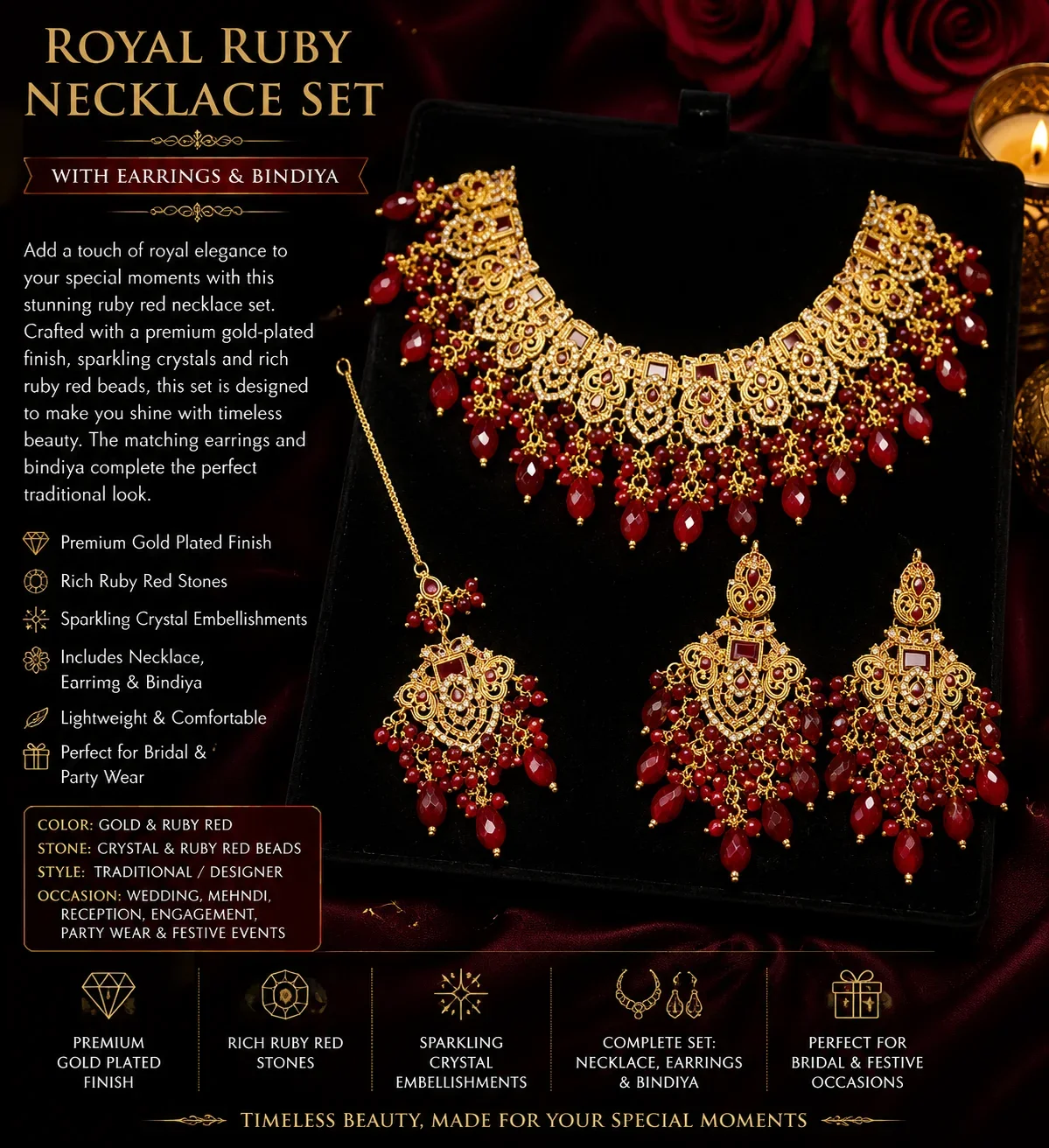 Luxurious Red & Gold Bridal Necklace Set