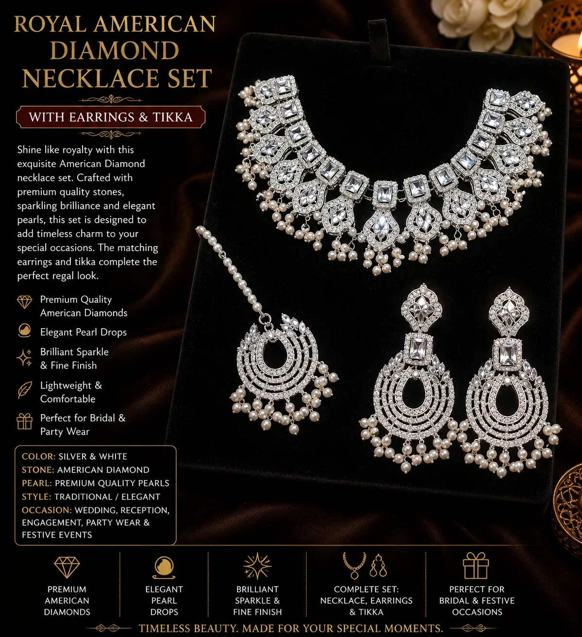 Elegant SILVER Bridal Pearl & Crystal Necklace Set