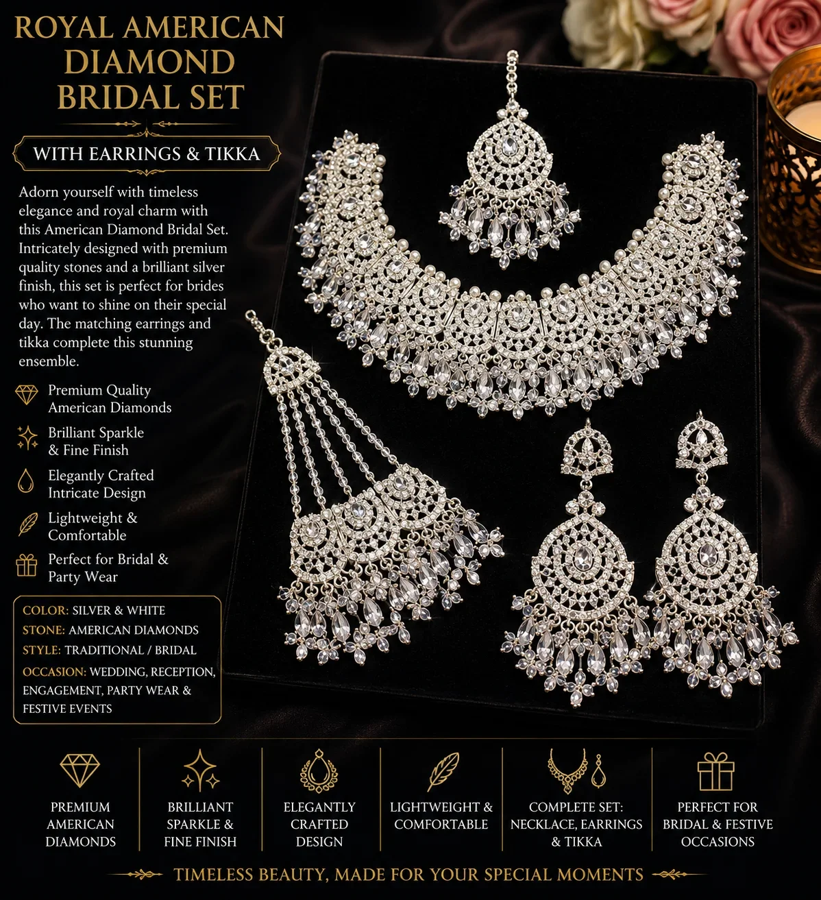 Elegant White Crystal Bridal Necklace Set with Pearls