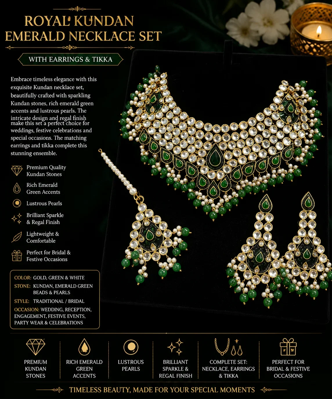 Royal Kundan Emerald Necklace Set – Bridal Jewelry with Earrings & Tikka