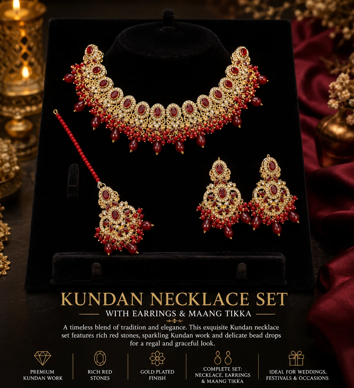 Royal Maroon Necklace Set – Gold Plated Bridal Jewelry with Earrings & Bindiya