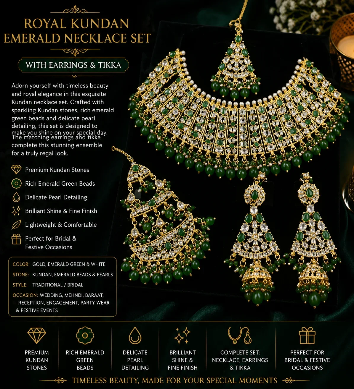 Exquisite Green and Gold Bridal Jewelry Set