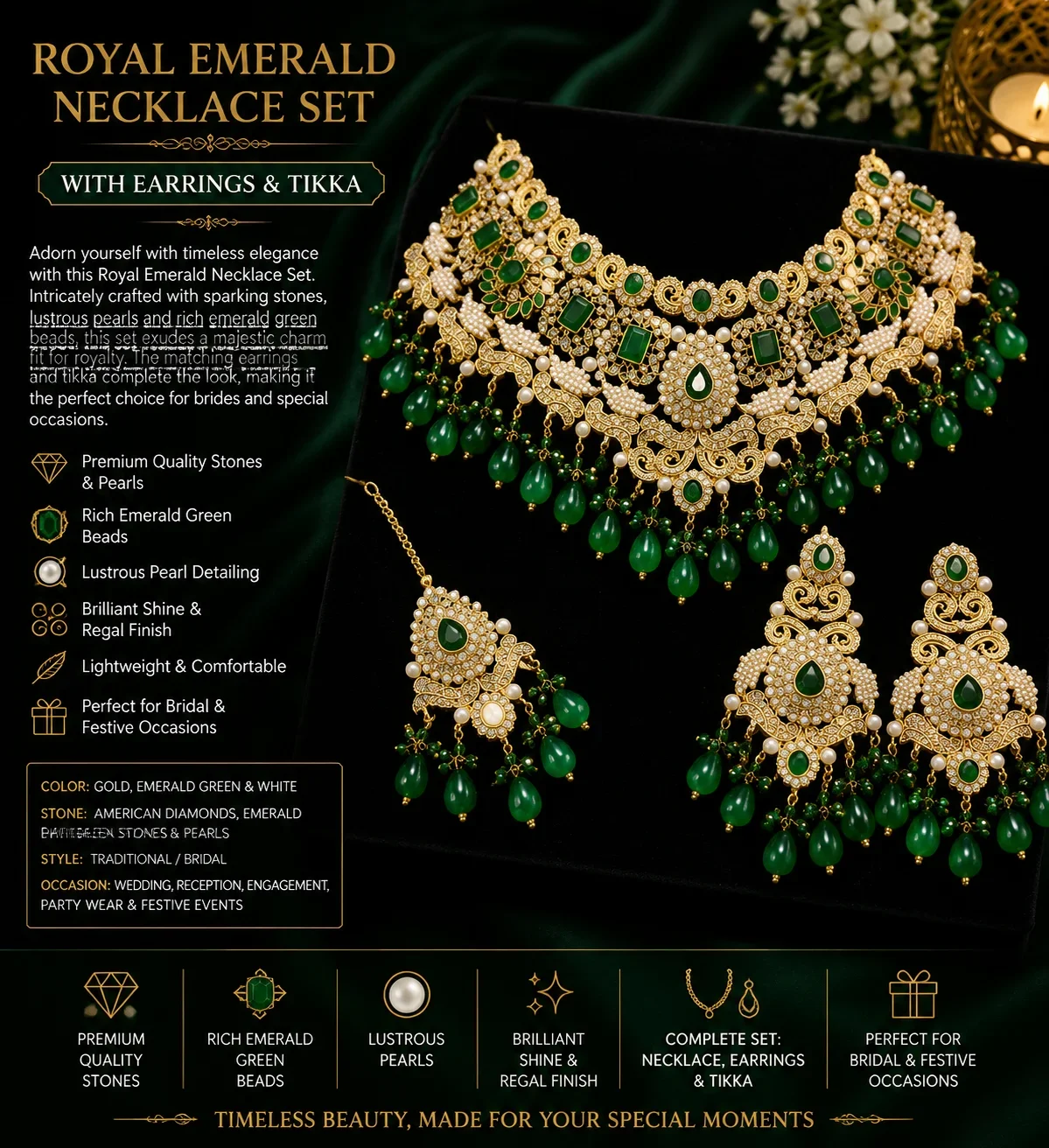 Exquisite Green and Gold Bridal Necklace Set
