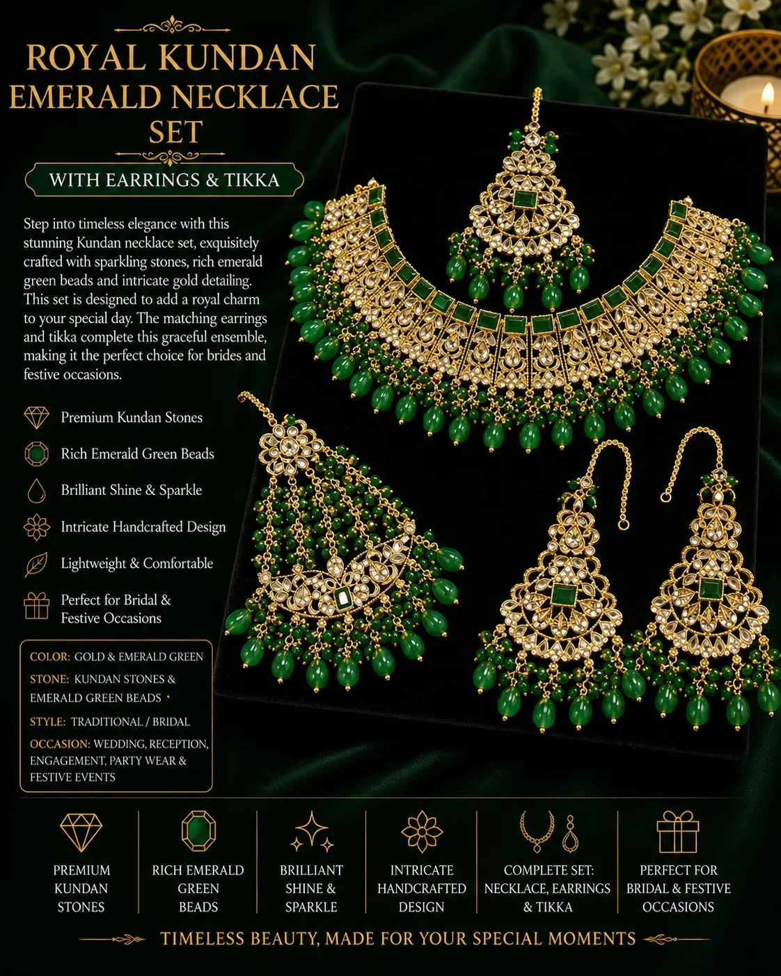 Elegant Green and Gold Bridal Jewelry Set