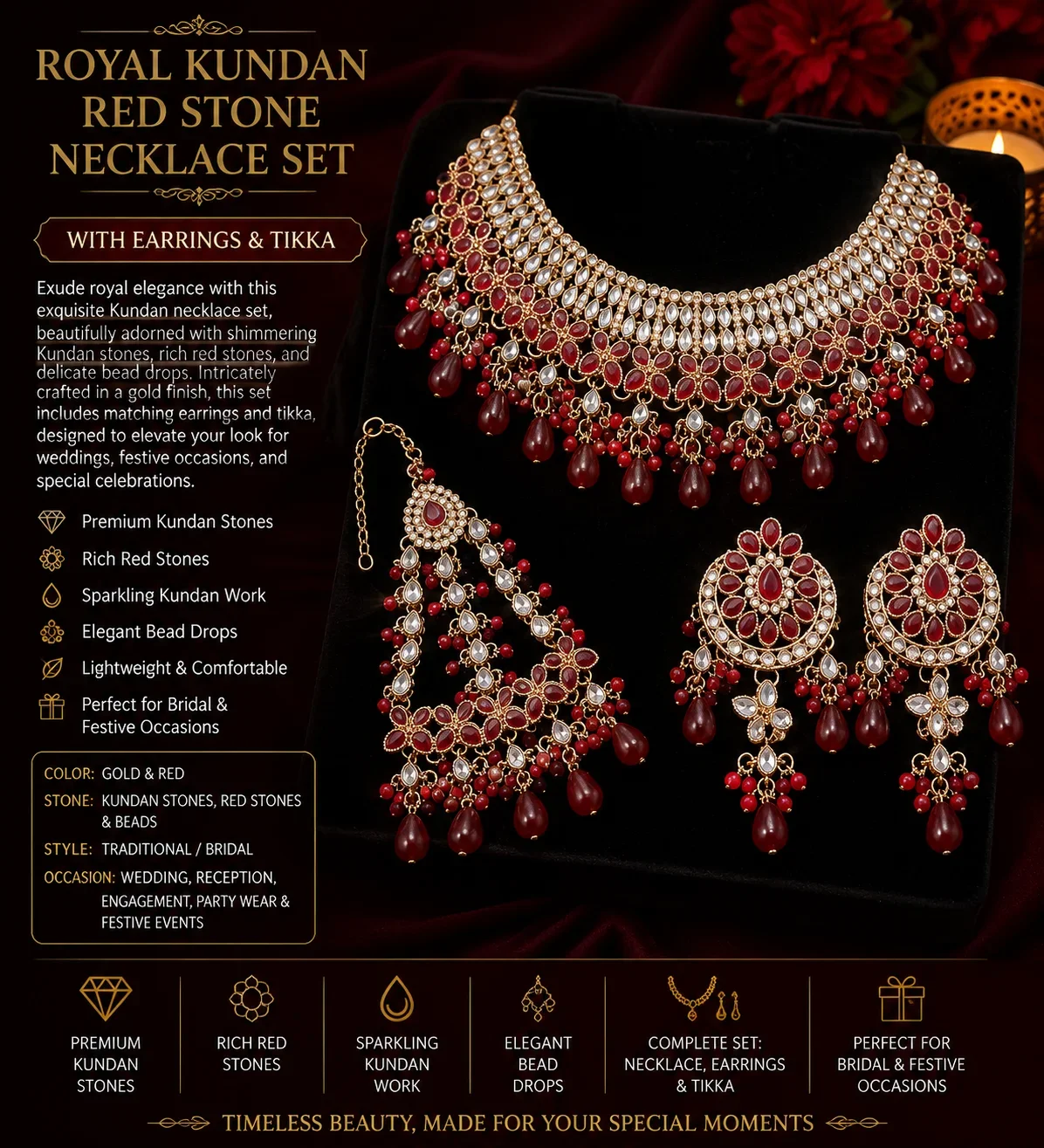 Royal Red Bridal Necklace Set – Luxurious Kundan & Gemstone Design