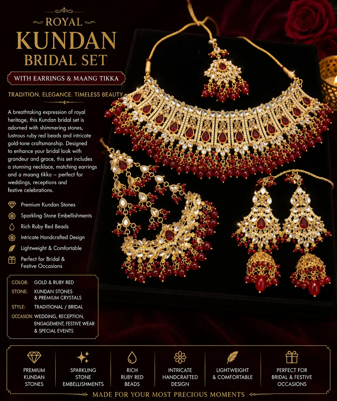 Luxury Ruby Red Kundan Bridal Necklace Set with Earrings, Jhumar & Maang Tikka