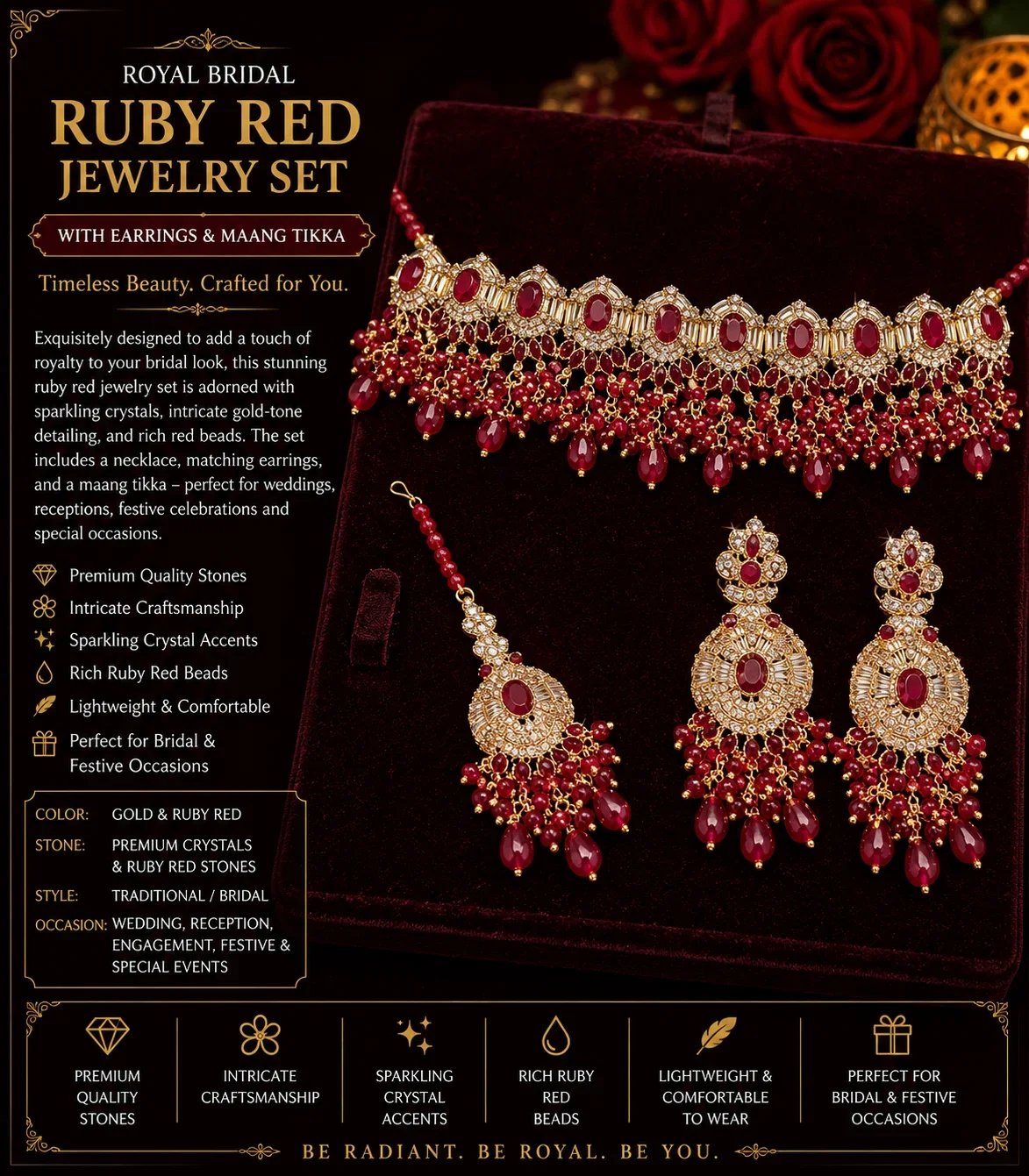 Ruby Red Bridal Choker Set with Earrings & Maang Tikka