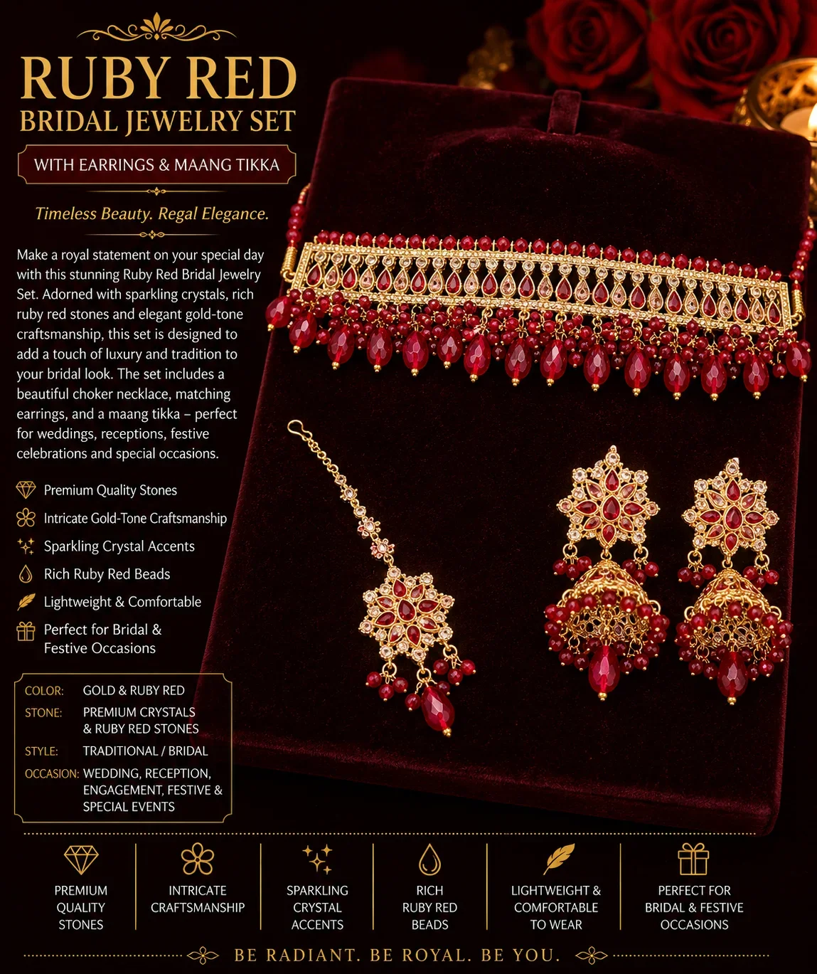 Elegant Ruby-Red Bridal Choker Set with Matching Earrings